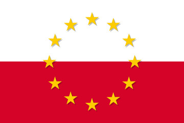 Poland national flag with a circle of European Union twelve gold stars, symbol of unity with EU, member since 1 May 2004. Vector flat style illustration