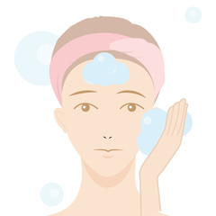 Beautiful Woman washing face, Beautiful young woman pressing temples, Touching her face washing, Skin Care, Relaxation, Young Skin, Facial Treatment.