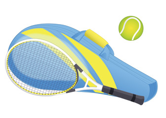 Tennis racket, tennis ball, sport equipment, racket cover. isolated on white.
