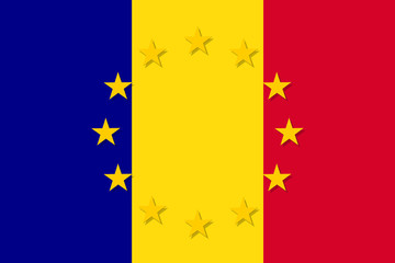 Romania national flag with a circle of European Union twelve gold stars, ideals of unity with EU, member since 1 January 2007. Vector flat style illustration