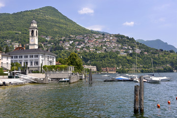 Lake and town of Cernobbio, a comune on the shores of Lake Como, Lombardy, northern Italy