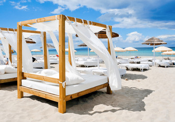 beds in a beach club in Ibiza, Spain - obrazy, fototapety, plakaty