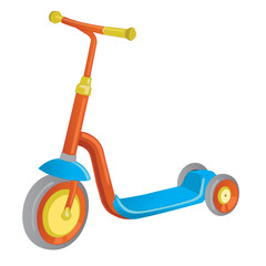 Vector roller scooter. Balance bike. Cartoon cute color kick scooter for design or web pages, posters. Push scooter isolated on white background. Eco transport for kids
