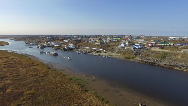 Aerial view of industrial small russian city. The Arctic Circle. 4K