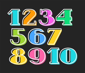 Colored numbers, white outline, black background, vector.  Flat figures, the thin white outline is offset to the side.  