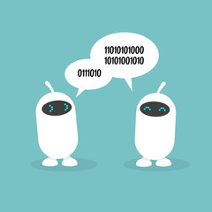 Conversation of two cute robots. Data exchange conceptual illustration, clip art