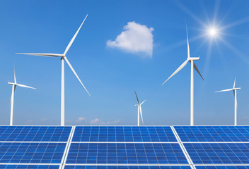    solar cell and wind turbines generating electricity in  power station alternative energy from nature  