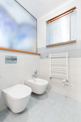 Naklejka na ściany i meble White minimalist bathroom with toilet and bidet