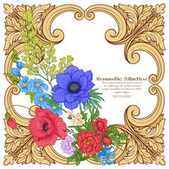 Summer flowers: poppy, daffodil, anemone, violet, in botanical style with vintage rococo frame for text. Good for greeting card for birthday, invitation or banner. Stock line vector illustration.