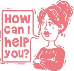 Comic woman says how can i help you pink