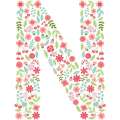 Vector floral letter N. Vector floral abc. English floral alphabet. Font vector illustration. 