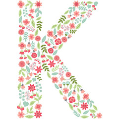 Vector floral letter K. Vector floral abc. English floral alphabet. Font vector illustration. 