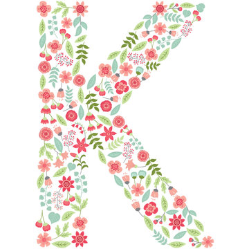 Vector floral letter K. Vector floral abc. English floral alphabet. Font vector illustration. 