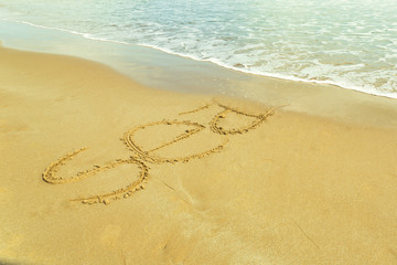 Fototapeta na wymiar The word 'sea' written on the sand
