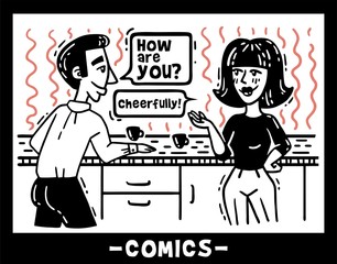 Man and woman chatting in the kitchen for coffee comics