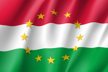 Hungary national flag with a circle of European Union twelve gold stars, solidarity and harmony with EU, member since 1 May 2004. Realistic vector style illustration