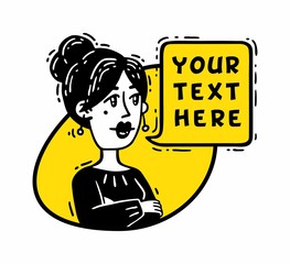 Yellow comics woman folded hands says