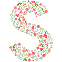 Vector floral letter S. Vector floral abc. English floral alphabet. Font vector illustration. 
