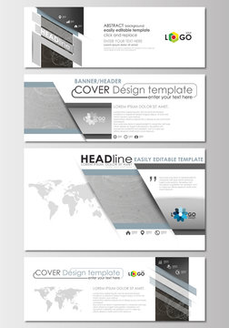 Social media and email headers set, modern banners. Business templates. Cover design, flat layouts. Abstract 3D construction, polygonal molecules on gray background, scientific technology vector.