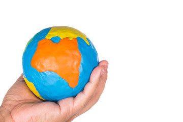 man hand holding globe isolated on white background