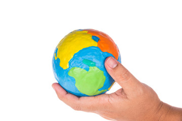 man hand holding globe isolated on white background