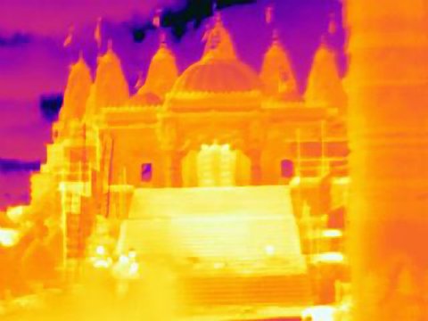 Thermal image with small group of people on stairway of BAPS Shri Swaminarayan Mandir, Neasden, London