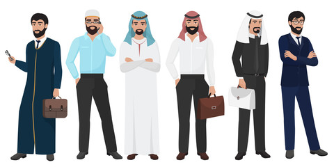Arabic Business man people. Muslim Arab office male people set.