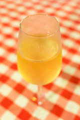 A glass of white wine on a checkered tablecloth with a minimal zone of sharpness