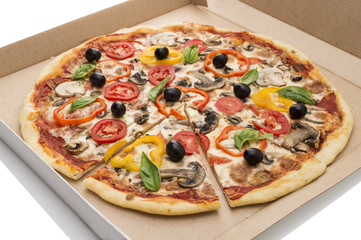 Pizza with ham, pepper and olives