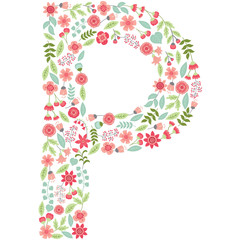 Vector floral letter P. Vector floral abc. English floral alphabet. Font vector illustration. 