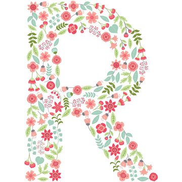 Vector floral letter R. Vector floral abc. English floral alphabet. Font vector illustration. 