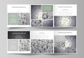 Set of business templates for tri fold square design brochures. Leaflet cover, abstract layout, easy editable vector. Pattern made from squares, gray background in geometrical style. Simple texture.