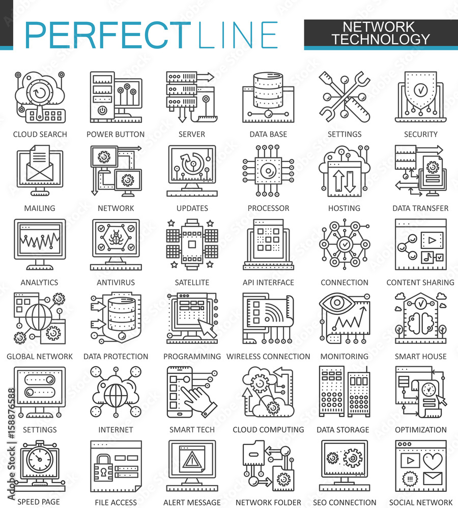 Poster network technology outline concept symbols. perfect thin line icons. big data modern stroke linear s