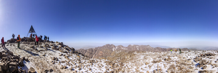 Toubkal national park, the peak whit 4,167m is the highest in the Atlas mountains and North Africa, trekking trail panoramic view.