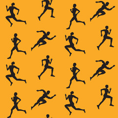 Pattern athletes running silhouette black on a yellow background art creative vector
