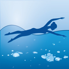 Scuba diving silhouette of woman on abstract decorative blue background art creative modern vector illustration