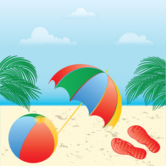 Beach shoes umbrella ball branches palms sea shore sky clouds abstract illustration art creative modern vector. Tourist Poster