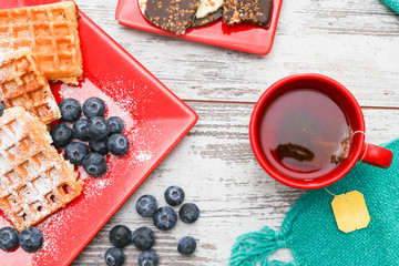 tea with waffles, breakfast
