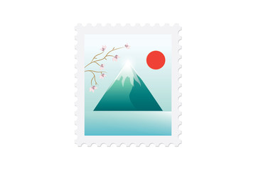 Postal stamp snow mountain red sun branch with flowers isolated on white background art creative modern vector illustration