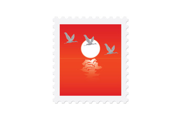 Postage stamp cranes fly red landscape sky sun isolated on white background art creative modern vector illustration