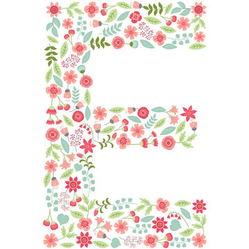 Vector floral letter E. Vector floral abc. English floral alphabet. Font vector illustration. 