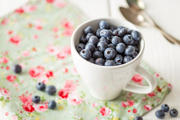 Freshly picked Blueberries in White Bowl, Juicy and Fresh Blueberries on White Rustic Table, Bilberry on Wooden Background