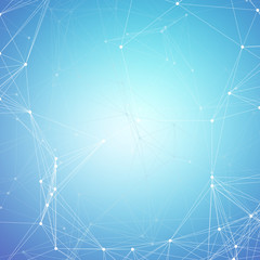 Chemistry pattern, connecting lines and dots, molecule structure on blue, scientific medical DNA research, geometric graphic background. Medicine, science and technology concept. Minimalistic design.