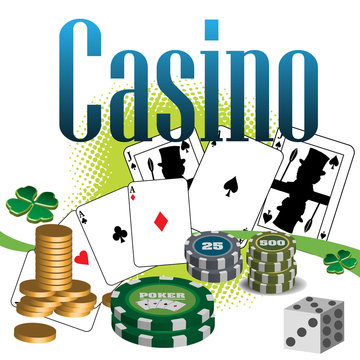 Colorful illustration with stack of coins, poker chips, dices, poker cards and the word casino written in blue