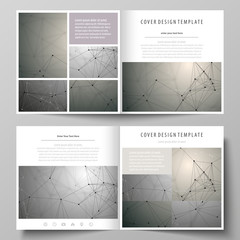 Business templates for square design bi fold brochure, flyer, booklet. Leaflet cover, abstract vector layout. Chemistry pattern, molecule structure on gray background. Science and technology concept.