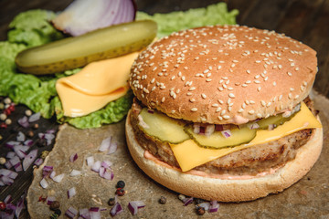 Tasty burger with cucumber and cheese