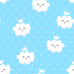 Seamless pattern polka dot with cute clouds on blue background. Ornament for children's textiles and wrapping. Vector.