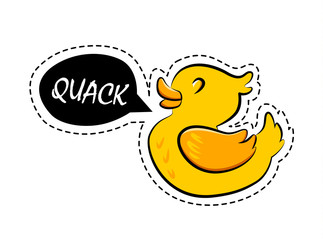 Sticker with cartoon duck and text cloud. Comics style. Vector.