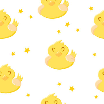 Seamless pattern with cute duck and stars. Ornament for children's textiles and wrapping. Vector.