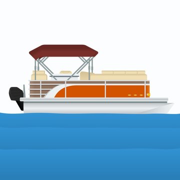Side View Detailed Pontoon Boat on Calm Blue Water Vector Illustration for Artwork Element of Transportation or Recreation Related Design